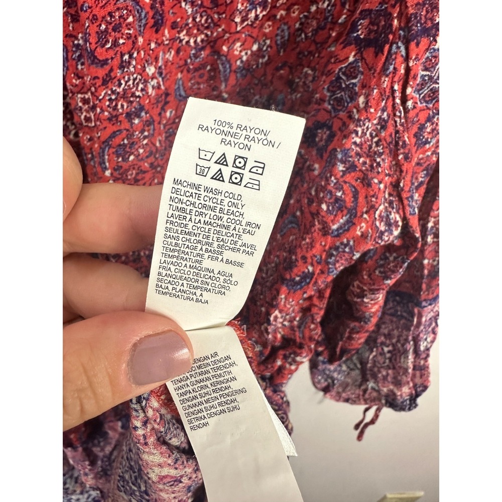Lucky Brand Womens 3X Tapestry Henley Top Red Blue Geometric Peasant Boho Blouse - Picture 4 of 8